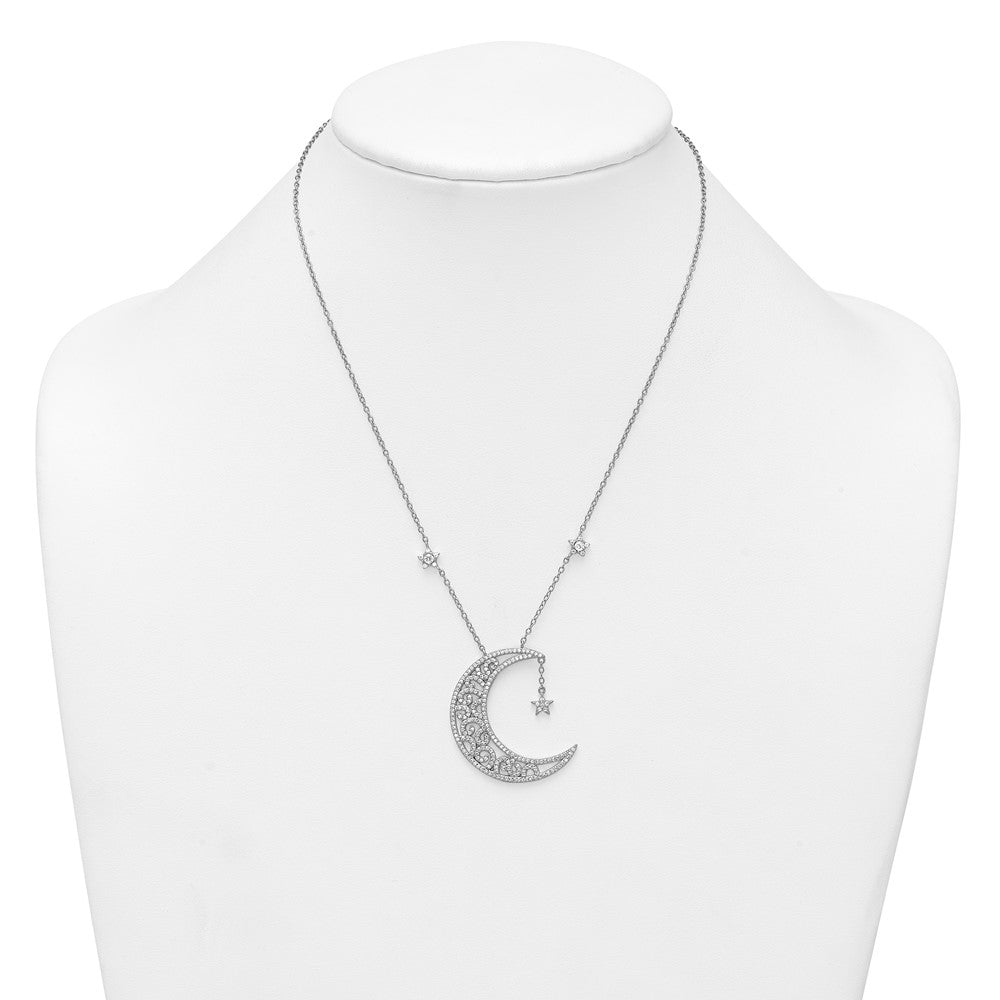 Sterling Silver RH-plated Polished CZ Moon and Stars 18in Necklace