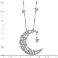 Sterling Silver RH-plated Polished CZ Moon and Stars 18in Necklace