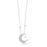 Sterling Silver RH-plated Polished CZ Moon and Stars 18in Necklace