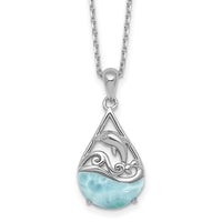 Sterling Silver RH-plated Larimar Dolphin Teardrop 16in w/2in Ext Necklace