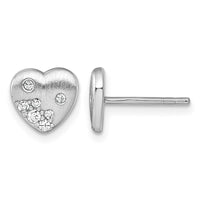 Sterling Silver Rhodium-plated Brushed CZ Heart Post Earrings