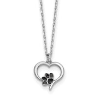 Sterling Silver Rhod-plat Heart Enamel Paw Print 16in w/1.5in Ext Necklace