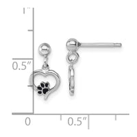 Sterling Silver Rhodium-plat Heart Enamel Paw Print Post Dangle Earrings