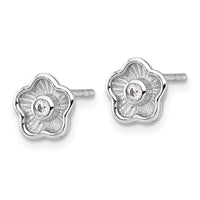 Sterling Silver RH-plated Polished Textured CZ Flower Post Earrings