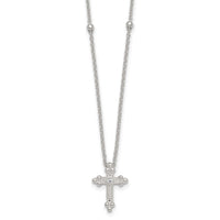 Sterling Silver Polished and Beaded CZ Cross w/ 1in Ext Necklace