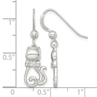 Sterling Silver Polished CZ Cat Silhouette With Bowtie Dangle Earrings