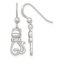 Sterling Silver Polished CZ Cat Silhouette With Bowtie Dangle Earrings