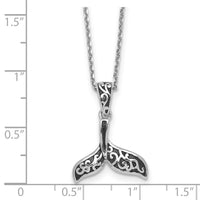 Sterling Silver RH-plt Polished Oxidized Filigree Whale Tail 18in Necklace