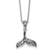Sterling Silver RH-plt Polished Oxidized Filigree Whale Tail 18in Necklace