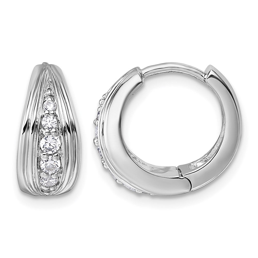 Sterling Silver Rhodium-plated Grooved CZ Polished Hoop Earrings