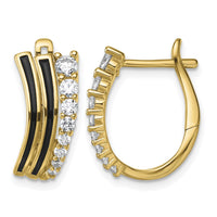 Sterling Silver Gold-tone Black Enamel CZ Hinged Hoop Earrings