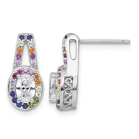 Sterling Silver Rhodium-plated Multicolor CZ Oval Halo Post Earrings