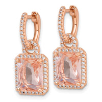 Sterling Silver Rose-tone Glass and CZ Dangle Hinged Round Hoop Earrings