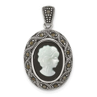 Sterling Silver Antiqued Marcasite Black Agate and MOP Cameo Pendant