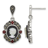 Sterling Silver Antiqued Marcasite Garnet Blk Agate and MOP Cameo Earrings