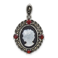 Sterling Silver Antiqued Marcasite Garnet Blk Agate and MOP Cameo Pendant