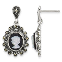 Sterling Silver Antiqued Marcasite Blk Agate and MOP Cameo Earrings