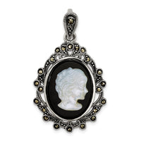 Sterling Silver Antiqued Marcasite Blk Agate and MOP Cameo Pendant