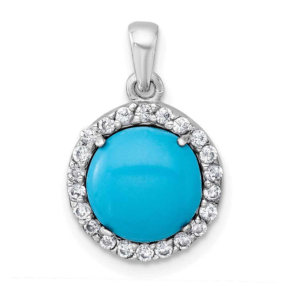 Sterling Silver Rhod-plated CZ and Reconstituted Turquoise Circle Pendant
