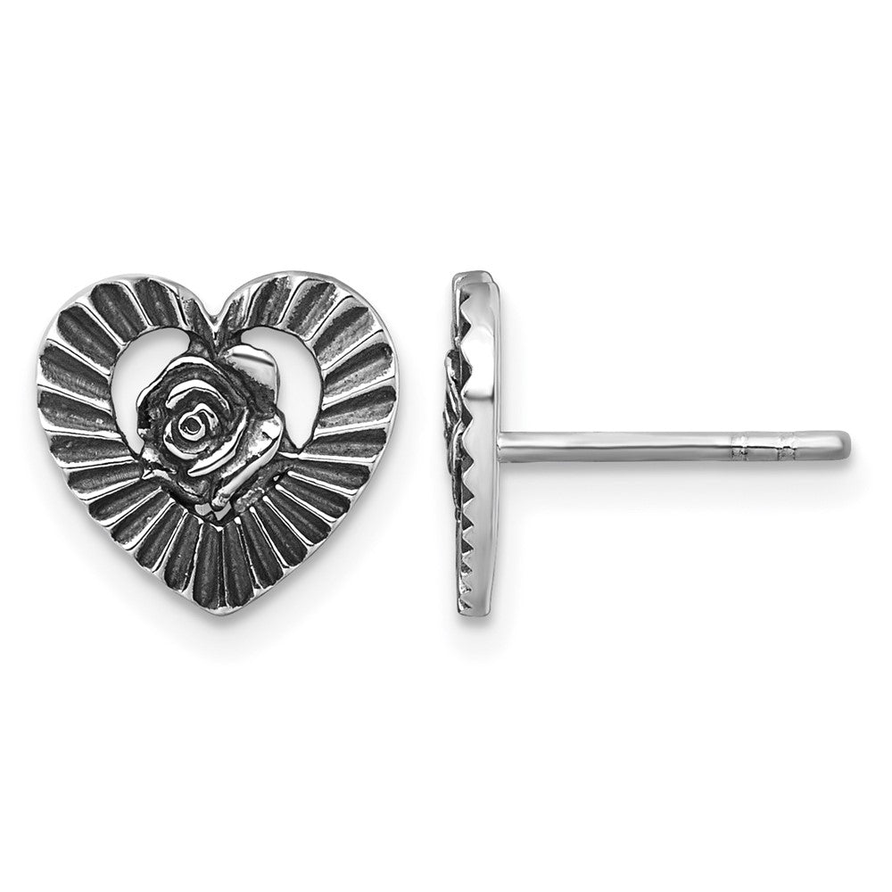 Sterling Silver Antiqued Polished Heart With Flower Post Earrings