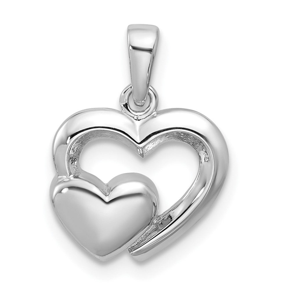 Sterling Silver Rhodium-plated Polished Heart Inside Heart Pendant