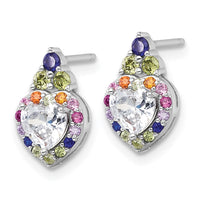 Sterling Silver RH-plated Polished Multicolor CZ Heart Post Earrings