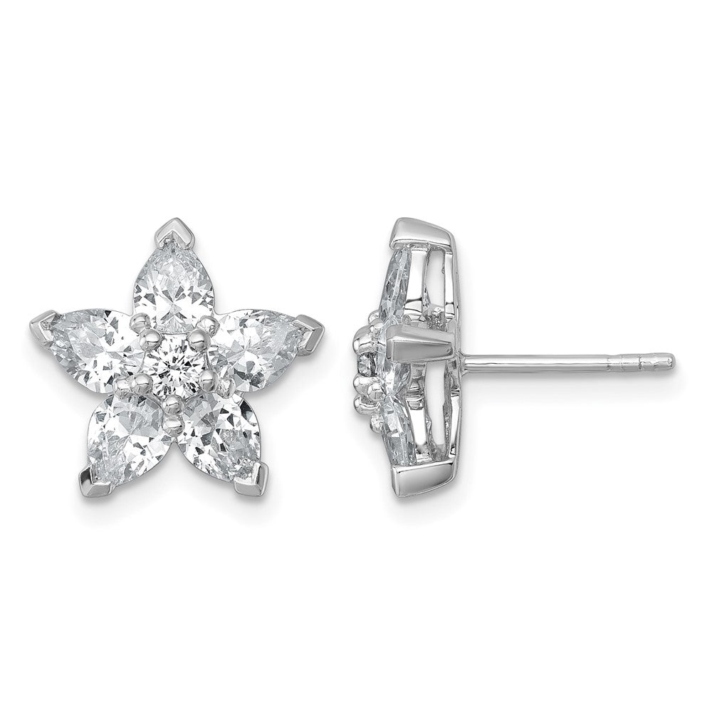 Sterling Silver Rhodium-plated Polished CZ Flower Post Earrings