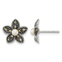 Sterling Silver Antiqued Marcasite FWC Pearl Fancy Flower Post Earrings