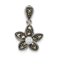 Sterling Silver Antiqued Marcasite FWC Pearl Fancy Flower Pendant