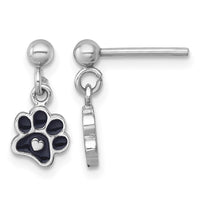 Sterling Silver RH-plt Enamel Black Paw Print w/ Heart Dangle Post Earrings