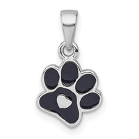 Sterling Silver Rhodium-plated Enamel Black Paw Print With Heart Pendant