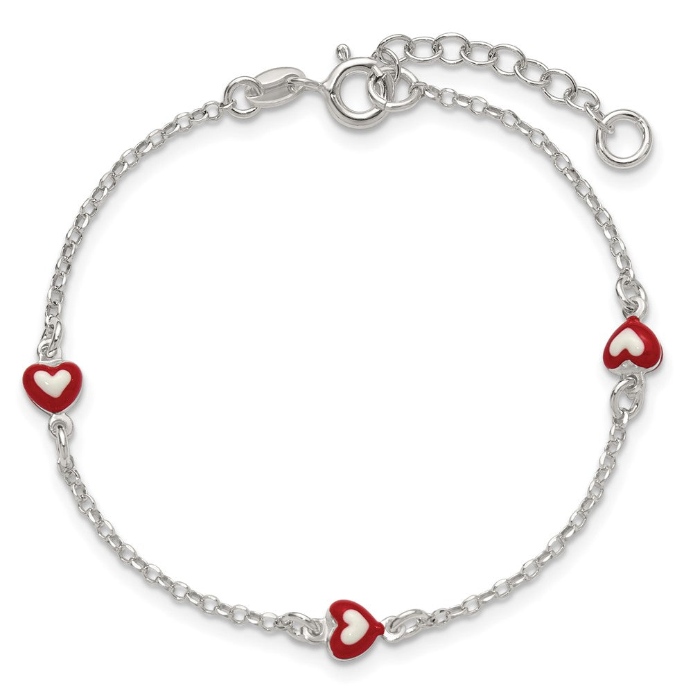 Sterling Silver Polished Enameled Heart 6in w/1in ext Children's Bracelet