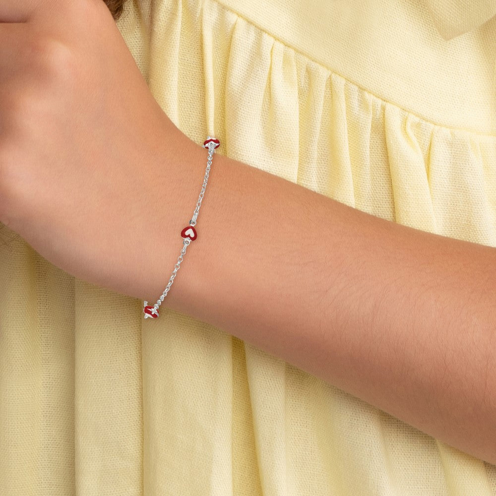 Sterling Silver Polished Enameled Heart 6in w/1in ext Children's Bracelet