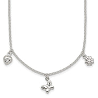 SS Polished CZ Heart Flower and Butterfly14 Inch w/1 inch Ext Necklace
