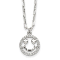 Sterling Silver Polished CZ Heart Eyes Smiley Face Necklace