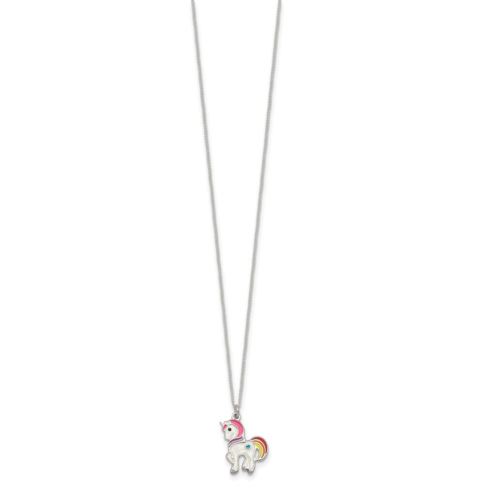 Sterling Silver Polished Enameled Unicorn 14 Inch Necklace