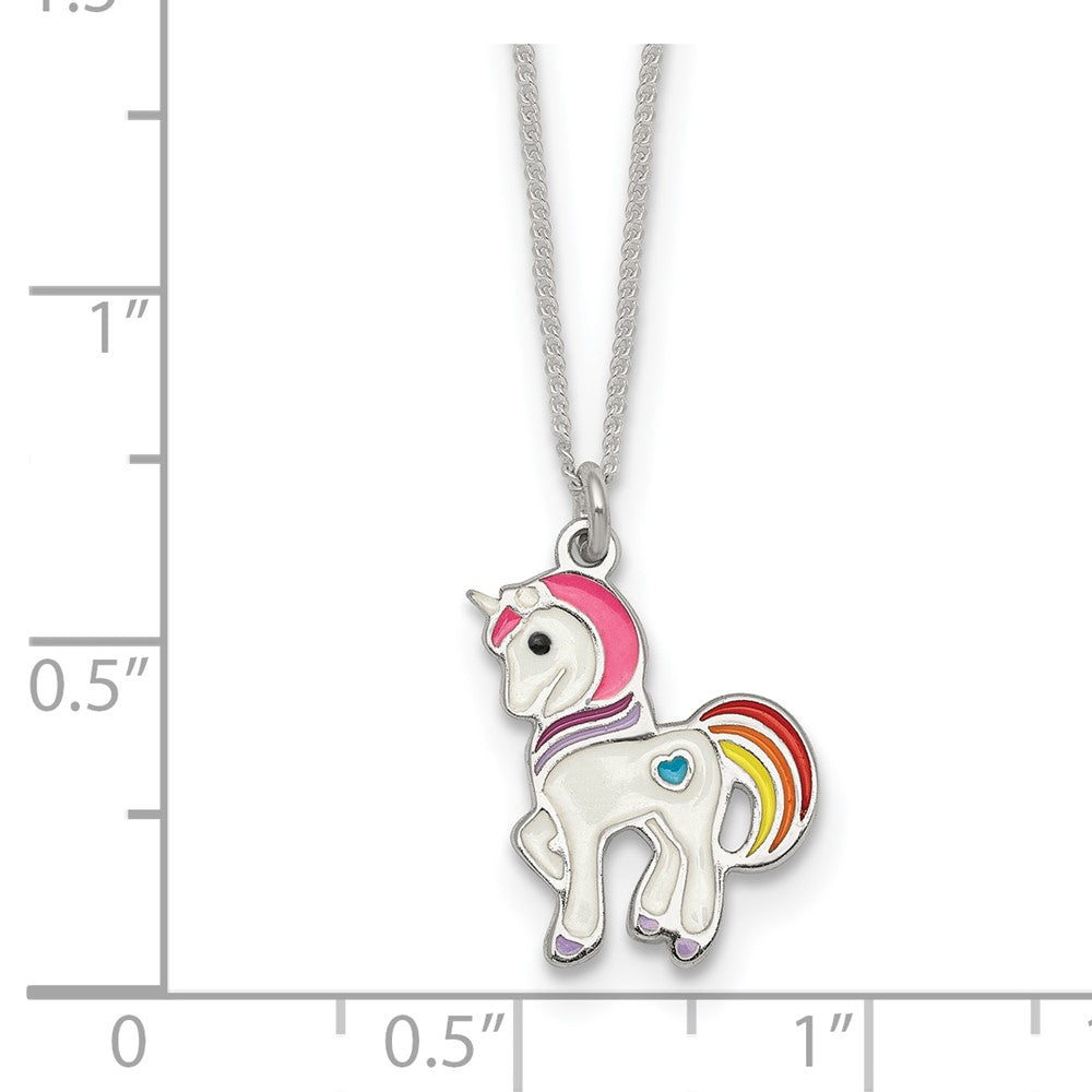 Sterling Silver Polished Enameled Unicorn 14 Inch Necklace