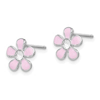 Sterling Silver RH-plated Madi K Pink Enamel/Crystal Flower Post Earrings