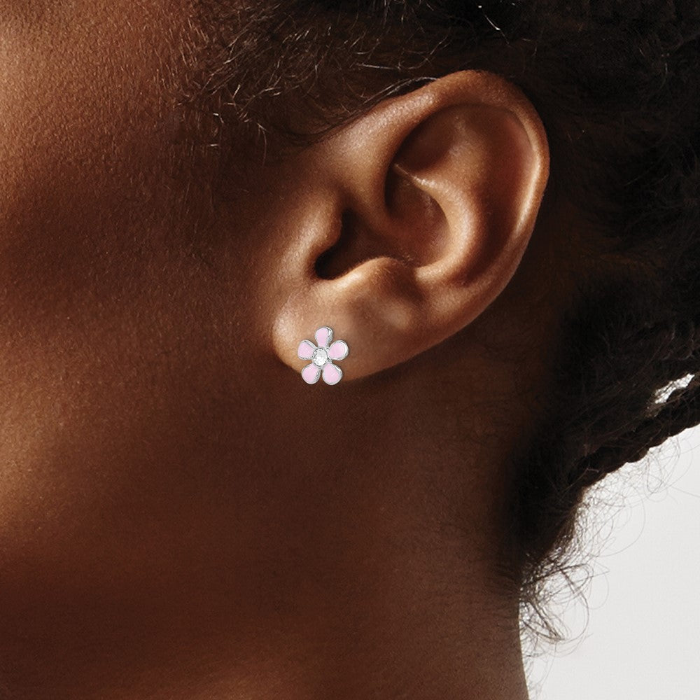 Sterling Silver RH-plated Madi K Pink Enamel/Crystal Flower Post Earrings