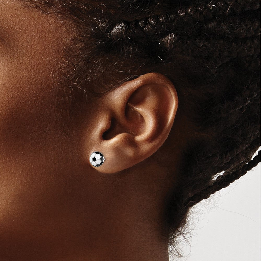 Sterling Silver Madi K RH-plated Enamel Soccer Ball Post Earrings