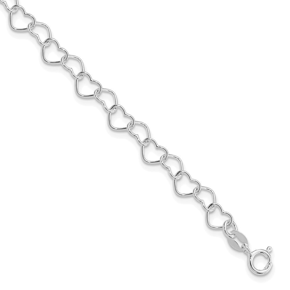 Sterling Silver Rhodium-plated 7inch Polished Fancy Heart Link Bracelet