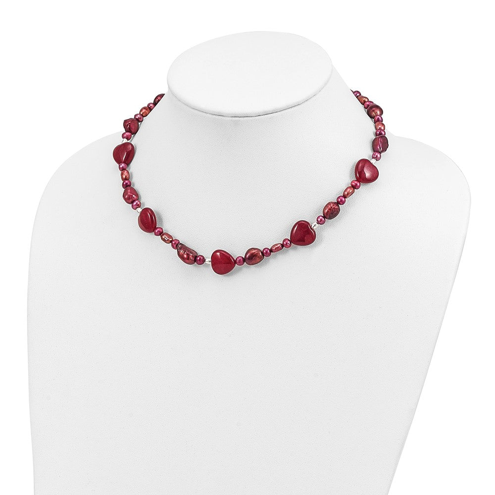 Sterling Silver Red Jade Hearts/FW Cultured Pearl Necklace