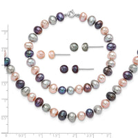 Sterling Silver Rh-p 6-7mm Bla/Pi/G FWC Pearl Neck 7.25 Brace & 3pc Earring
