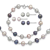 Sterling Silver RH Grey/Pink/Black FWC Pearl Neck/7.25 Brace/3pc Earring