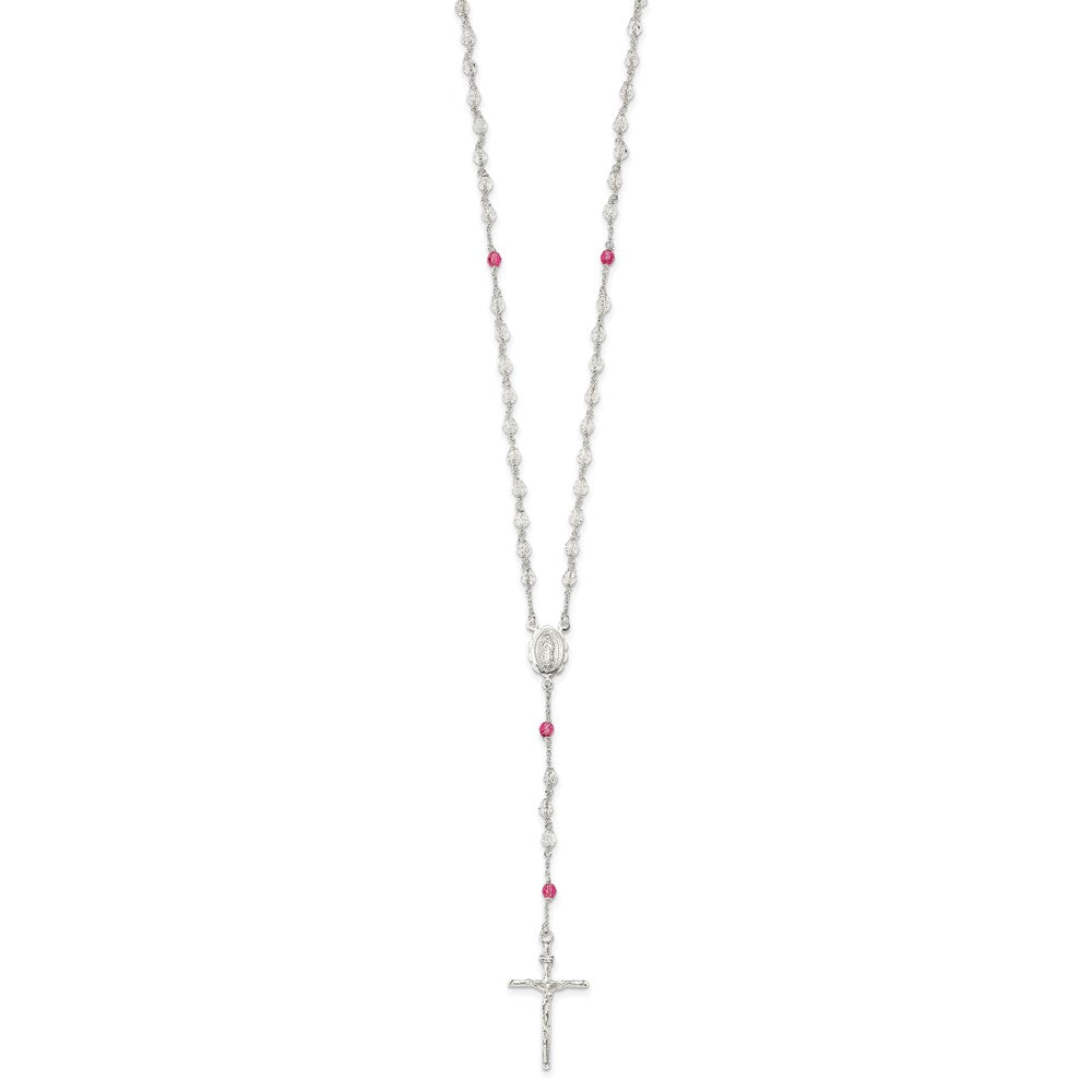 Sterling Silver Polished Pink Crystal Rosary Necklace