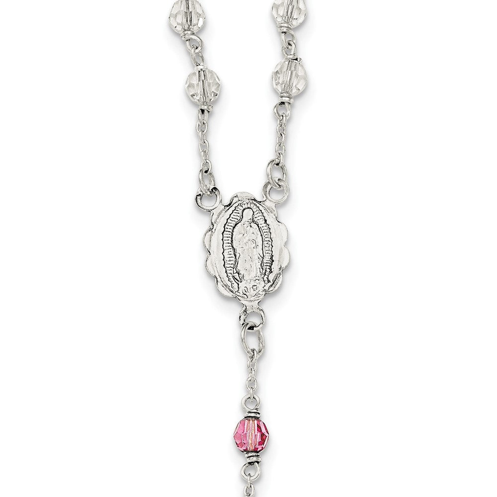Sterling Silver Polished Pink Crystal Rosary Necklace