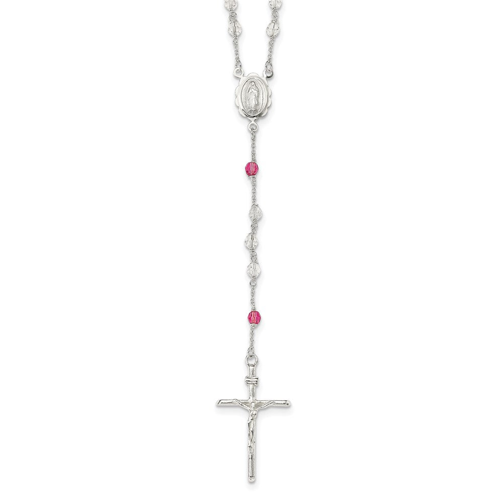 Sterling Silver Polished Pink Crystal Rosary Necklace