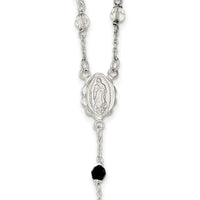 Sterling Silver Polished and Black Crystal Bead Rosary 23.5 inch Necklace