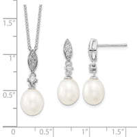Sterling Silver Rhodium-plated 8-9mm FWC Pearl CZ Necklace/Earring Set