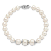 Sterling Silver Rhodium-plated 7-10mm White FWC Pearl Fancy Bracelet